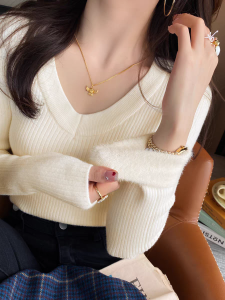 Womens Fleece Lined V-Neck Knitwear Long Sleeve Base Shirt Inner Wear Slim Fit Autumn New Style Commute Style Knitted Top