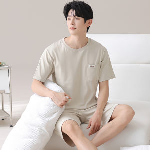 Miiow | Catman Summer New Loose Home Clothes Mens Short Sleeve Shorts Set Thin Stripe Breathable Lightweight Sleepwear Polyester Blend