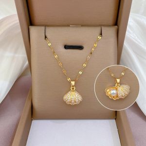 BESFOME Tarnish Free Gold Plated Stainless Steel Shell Pearl Zircon Pendant Jewelry Fashion Necklace For Women Girl Accessories