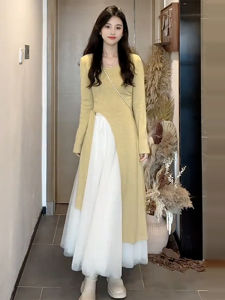 Special-Interest Design Yellow Split Long Sleeve T-shirt Womens Autumn New Arrival Korean Style Idle Style Loose Slim Fit Versatile Top