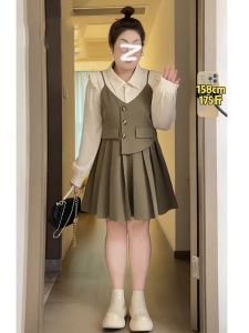 Plus Size Cute Youth-Looking Flying Sleeve Shirt Pleated Suspender Skirt Womens Autumn Plus Size Ladies Slimming Slim Fit Petite Skirt