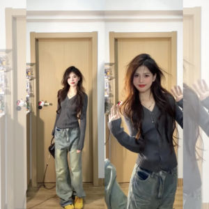 Gray Soft Long Sleeve V-Neck Knitted Open Cardigan Womens Fashionable Slimming Beautiful Outerwear Spring 2025 Commute Style