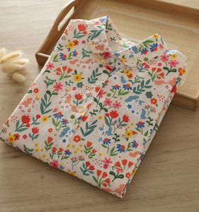 Spring Autumn Floral Print Long Sleeve Loose Cotton Ladies Shirt Base Layer Top Korean Style Commute Pure Cotton Casual Shirt
