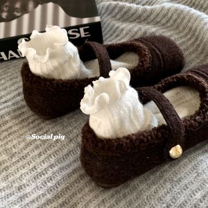 Lamb Velvet Flat Shoes Fleece Lined Mary Jane Fur Shoes Comfortable Casual Slip-On Womens Shoes for Daily Wear Winter Season