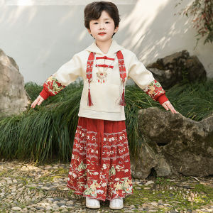 New Summer Childrens Hanfu Set Male And Female Kids Traditional Chinese Style Performance Costume Thin Knitted Fabric Pure Color
