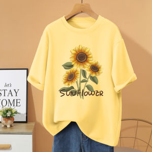 Summer Short Sleeve T-Shirt Womens Cotton 100% Printed Sunflower Design Comfortable Loose Fit Korean Style for Exam Students