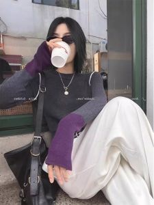 Niche Design Contrast Color round Neck Knitwear Female Fall/Winter Slim Slimming Inner Sweater Bottoming Shirt Elegant Tops
