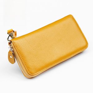 Genuine Leather Long Wallet Zipper Bag Yellow Attractive Money Bag Multi-Card Holder Mobile Phone Case for Men And Women