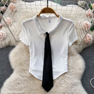 Summer Design Loose Short Sleeve Polo Neck Tie Japanese College Style Versatile Slimming Top for Young Women Commute Wear