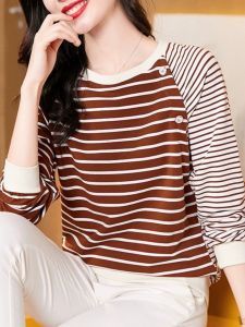 ผ้าฝ้าย เสื้อสเว็ตเชิ้ต Mom Style Long Sleeve Striped ผู้หญิง Base Shirt เวอร์ชั่นเกาหลี Round ปกเสื้อ Splicing Ribbing Classic ฤดูใบไม้ร่วง ฤดูหนาว Fashion