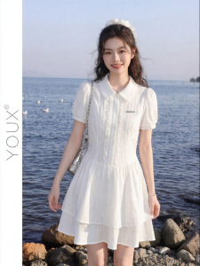 YOUXIANG | Đầm nữ dáng chữ A ngắn chiết eo tôn dáng trắng nhạt