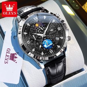 OLEVS Watch Men Original Fashion Business Casual Waterproof Luminous Multi-function Chronograph Calendar Starry Sky Dial Genuine Leather Quartz Watches For Men