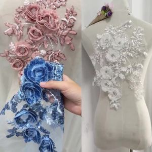1PC Pink 3D Rose Sequin Flower Applique Beaded Embroidery Patch Mesh for DIY Sewing Wedding Gown Prom Dress Handicraft Supplies