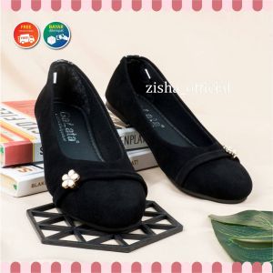 Sepatu Flatshoes Flat Wanita Remaja Dewasa bludru Terbaru Black Panda Hitam Cewek Karet Import Fiona