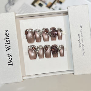 10pcs Mandala Style Glass Beads Cat Eyes Rhinestone Press On Nails Handmade False Nails with 3D Design for Women Party Wedding