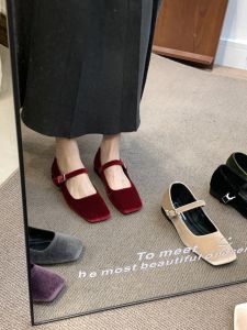 Ocean One Korean Style Velvet Square Head Single Shoes 2024 New Retro Low Heel Mary Janes Slip-On Fashionable Womens Shoes