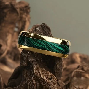Wholesale Men Green Abalone Shell Inlay Rings Fashion 8MM Gold Color Stainless Steel Rings For Wedding Engagement Jewelry