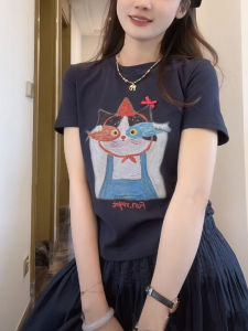 Cartoon Cat Print Birthday Hat round Neck Short Sleeve T-Shirt Summer New Fashion Versatile Cotton Blend Top Age-Defying