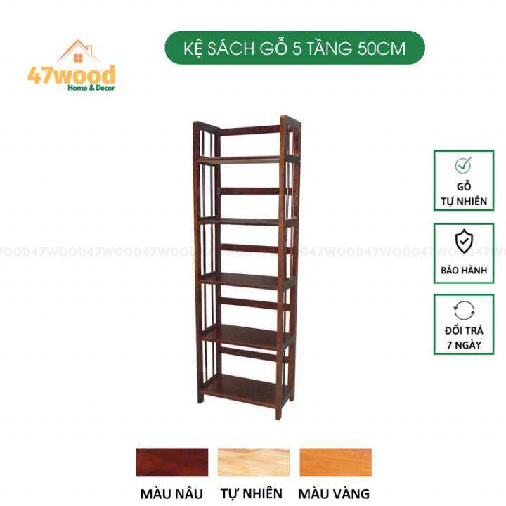 Kệ sách 5 tầng rộng 50cm gỗ cao su lắp ráp - Kệ gỗ đa năng 5 tầng 47wood