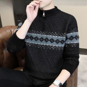 HENGYUANXIANG | Mens Thickened Half-Zip High Collar Knitted Sweater Warm Fashion City Style Long Sleeve Autumn Winter Fashion Urban Basic Edition