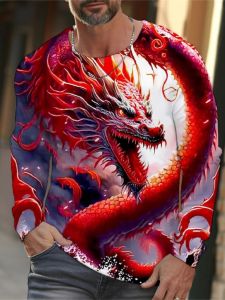 3D Printed T-shirt with Dragon Pattern Dragon Pattern 3D Print Long Sleeves T-shirt Men