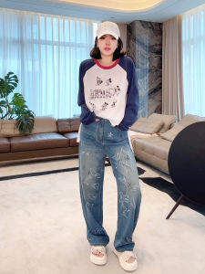 High Waist Slim Fit Distressed Blue Jeans Graffiti Casual Straight Leg Pants Womens Premium Style Summer Fashion MEHOMEYANG