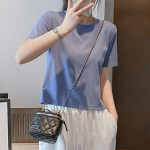 เสื้อยืดแขนสั้นผ้าฝ้ายแท้สำหรับผู้หญิงในช่วงฤดูร้อนปี 2025 เสื้อยืดแขนสั้นหลวมๆ สีพื้น เสื้อแขนสั้นทรงไหล่กลาง สวมใส่สบาย