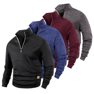 Spring Autumn Fashion High Neck Half Zipper Long Sleeve Sweatshirts Mens Casual Knitted Pullovers Daily Warm Coats