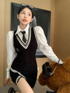 GUZILIAN | เสื้อกั๊กถักคอวีลายปักสไตล์วิทยาลัยสำหรับผู้หญิง ชุดเสื้อเชิ้ตสีขาวคอโปโลพร้อมเข็มขัด ชุดสองชิ้น ชุดทำงานสไตล์เกาหลี