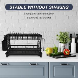 【Ready Stock】2 Tier Dish Drainer Rack Dish Drainer with Drip Tray Dish Rack with Utensil Holder Cutting Board Holder and Cup Rack for Kitchen Counter
