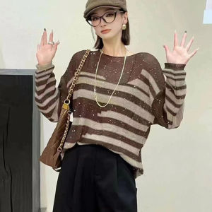 Áo Len Dệt Kim Dài Tay Cổ Tròn Màu Tương Phản Sequin Cho Nữ Dáng Rộng Thời Trang Thu Đông 2024 Áo Chui Đầu Thường Ngày