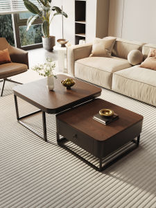 Minimalist Wabi Sabi Style Solid Wood Square Coffee Table Set Luxury Pure Black Rock Board Living Room Home Use Small Apartment