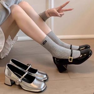 Silver High Heels Mary Janes Womens Shoes Fall 2024 New Coarse Heel Evening Gentle French Style Match Skirts Fashionable Single Shoes
