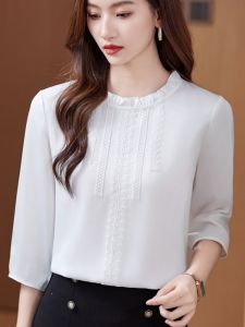 Ladies Summer Casual Shirt Loose Fit Chiffon Drapey round Neck Seven Sleeve Anti-Wrinkle Comfortable Top for Middle-Aged Women