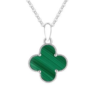 East Beauty | Malachite Four-Leaf Clover 999 Sterling Silver Moissanite Necklace