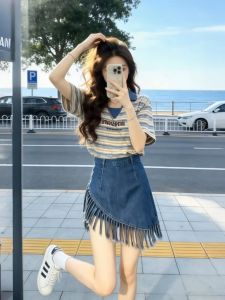 XUECAIQI | Striped Youthful T-Shirt Irregular Hem Tassel Denim Skirt Two-Piece Set