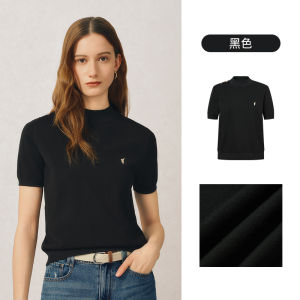 POLOWALK Slim Fit Knitted Short Sleeve T-Shirt Half High Collar Base Layer Top Korean Style Commute Regular Fit Knitwear