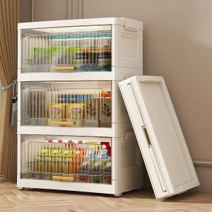 【24 Hours Shipped】Flip Top Storage Box Kitchen Storage Cabinet Clothing Transparent Foldable Organizer Drawer Cabinet With Wheel For Clothes Space-Saving Plastic Wardrobe For Baby Toy Clothes Home Organizer