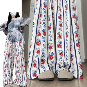 ลายดอกกุหลาบสูง เอว ขากว้าง กางเกง ผู้หญิง ฤดูร้อน บาง หลวม ลำลอง กางเกงขายาว Vintage Straight Cut โพลีเอสเตอร์ ไฟเบอร์ กางเกงขายาว