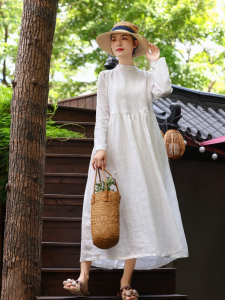 ชุดเดรสยาวผ้าลินินสีพื้นทรงหลวมสำหรับผู้หญิงในฤดูร้อนและฤดูใบไม้ร่วง เดรสยาวผ้าฝ้ายลินินสไตล์วิทยาศาสตร์และศิลปะ