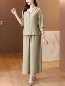 HUAXUNRAN | New Style Cotton Linen Set for Middle-aged Women Loose and Slimming Two-piece Outfit