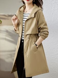 Womens Casual Style Belted Waist Coat Spring Autumn Long Hooded Windbreaker Slimming Effect Mid-Length Coat with Pockets