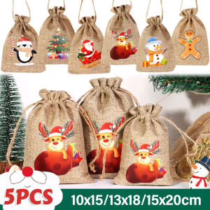 5ชิ้นซานตาคลอสเชือกรูดถุงซานตาผ้าใบธรรมชาติกระเป๋าปอกระเจาพิมพ์ลายคริสต์มาสถุงขนมตกแต่งคริสต์มาส