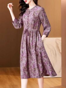 Elegant Mid-Sleeve Floral Print Long Dress for Mom Summer Fashion Middle-Aged Womens High-End Slimming Dress Casual Loose Fit