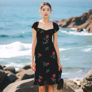 French Style Reformation Dress Elegant Black Beach Vacation Womens Skirt High Waist A-Line Midi Dress Floral Print Short Sleeve