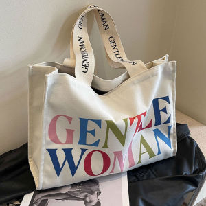Large Capacity Canvas Tote Bag Womens Commuter Bag Letter Pattern Korean Style Single Shoulder Bag for College Students