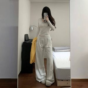High Waist Pure Cotton Sport Pants Womens Casual Wide Leg Pants Autumn 2025 New Style Slimming Loose Drapey Feel Grey White
