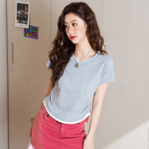 BALENO | Comfortable Cotton Fake Two Piece V-Neck Color Block T-Shirt