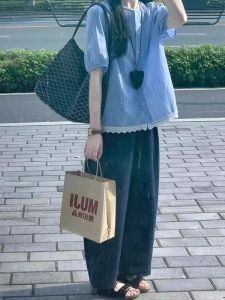 Áo Sơ Mi Nữ Tay Lửng Họa Tiết Sọc Xanh Pháp Mùa Hè Thiết Kế Rộng Rãi Thoải Mái Ôm Vừa Vặn Chất Liệu Polyester