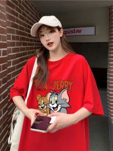 Red Short Sleeve T-Shirt Womens Loose Fit plus Size Cotton Mid-Length Summer Fashion Casual Print round Neck Cool Feeling
